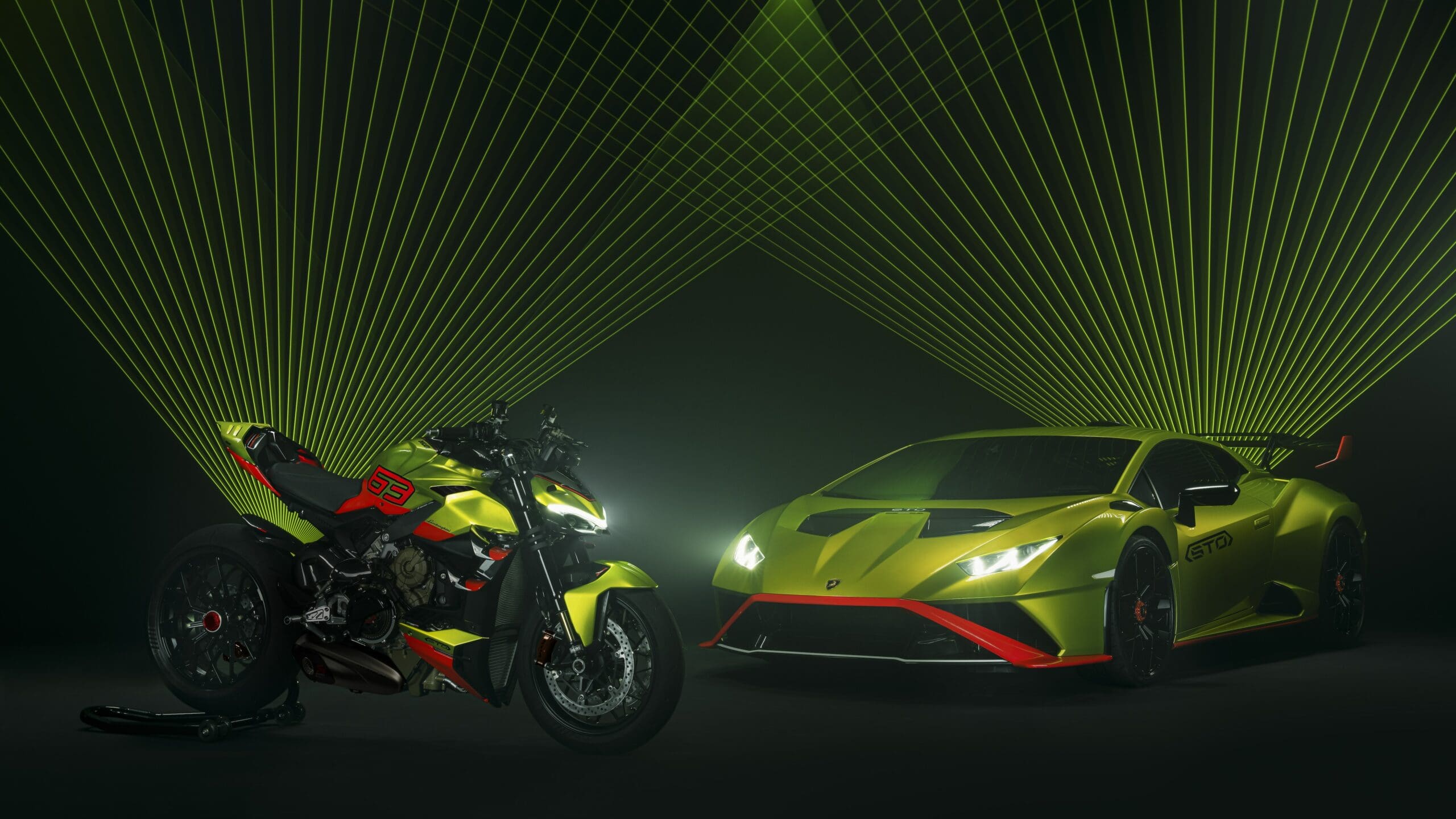 A view of Ducati's Streetfighter V4 and Lamborghini's Huracan STO, created in collaboration with Lamborghini. Media sourced from Ducati.