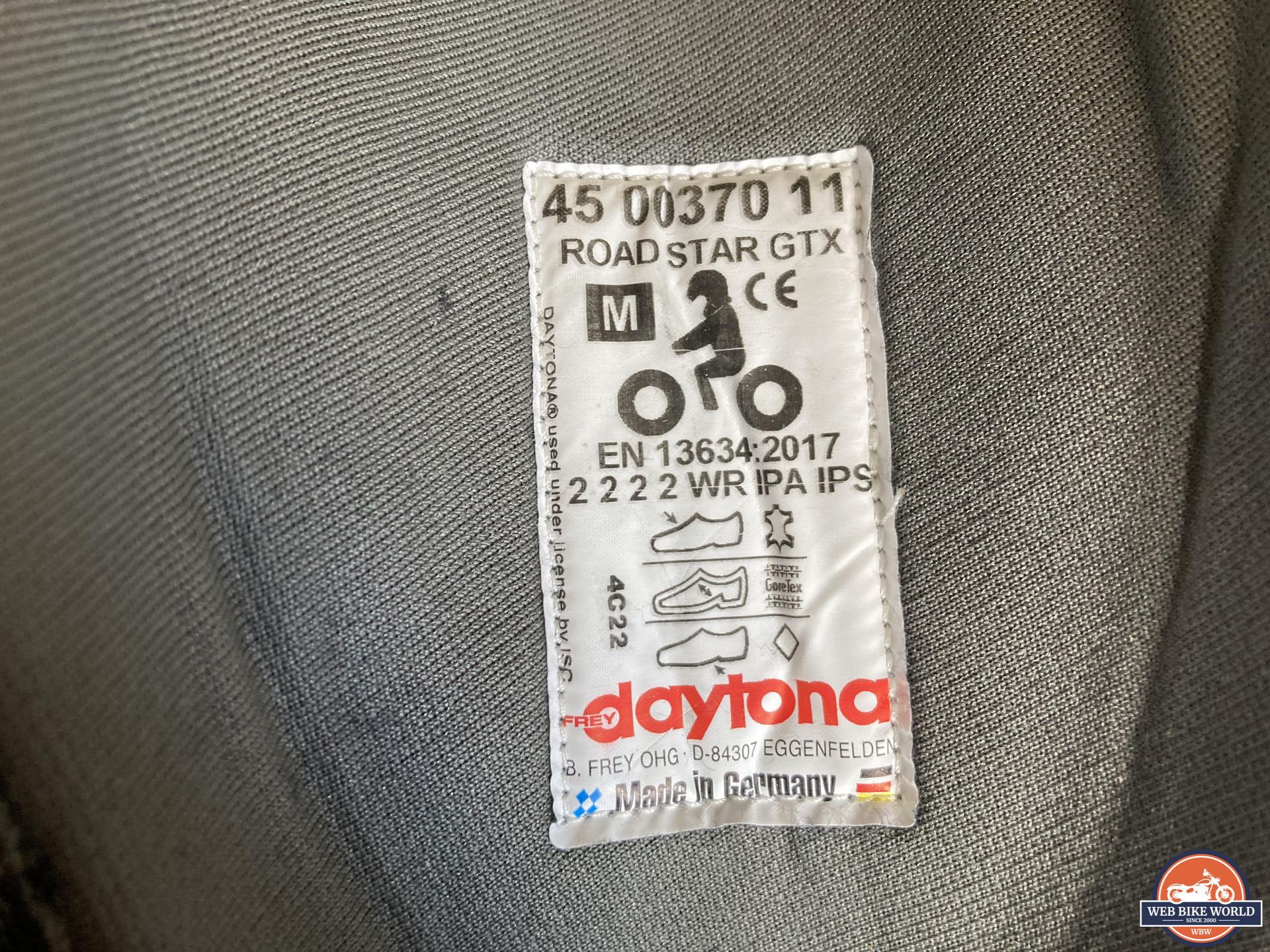 Protection label for Daytona Road Star GTX Boots