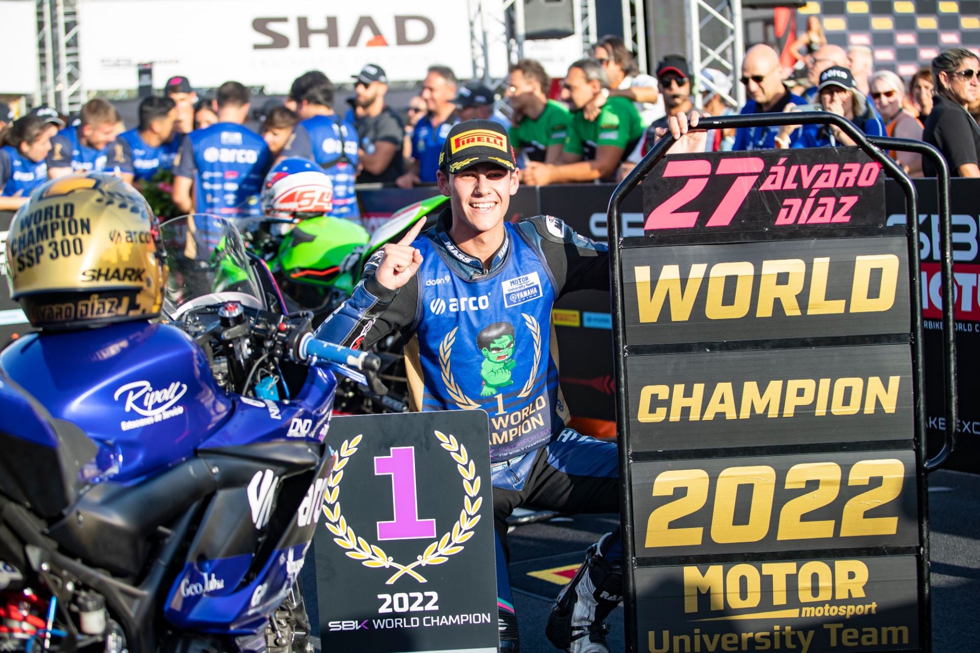 Alvaro Diaz, a Yamaha racer and bLU cRU graduate, after winning the 2022 FIM Supersport 300 World Championship. Media sourced from Yamaha Racing.