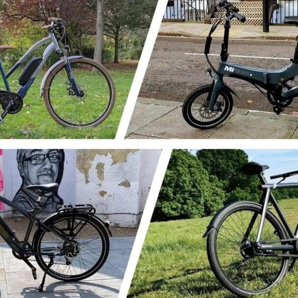 Split image of four different eBike designs in city and outdoor environments