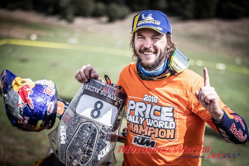Toby Price FIM Cross Country Champion Australia's first Dakar Rally winner and newly crowned Cross Country Rallies World Champion Toby Price is urging riders to get their bikes out of the garage for Ride to Work Week. honour