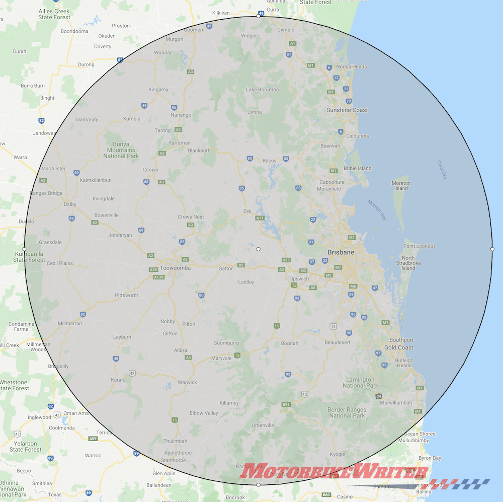 150km radius from western Brisbane