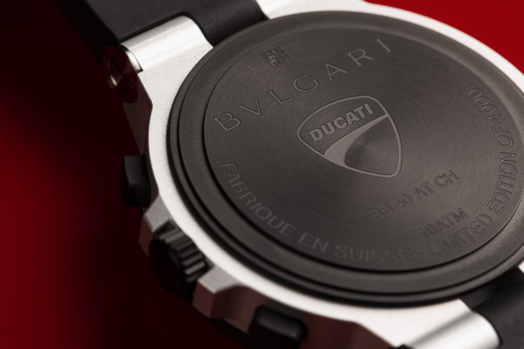 A view of the Ducati X Bulgari Special Edition Chronograph, currently available on Bulgari's website