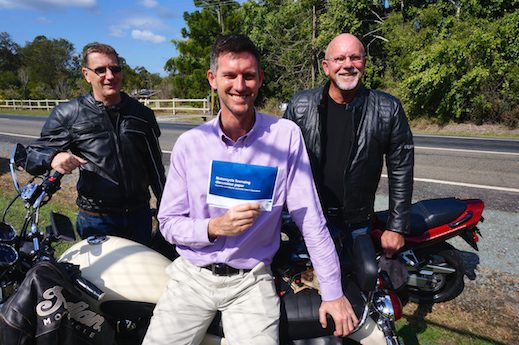 RACQ spokesman Steve Spalding, Road Safety Minister Mark Bailey and MRAQ president Chris Mearns - learner riders