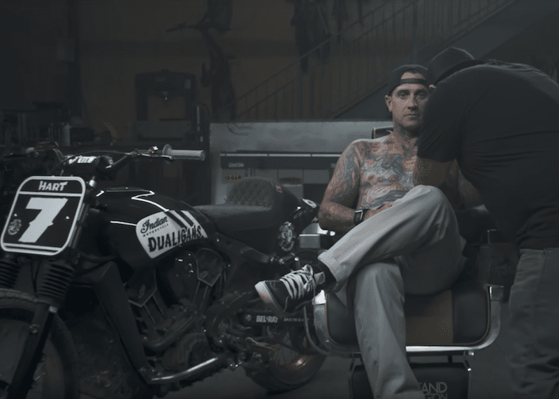 Carey Hart's Hooligan flat track Scout burnout used to make Indian Motorcycle tattoo ink