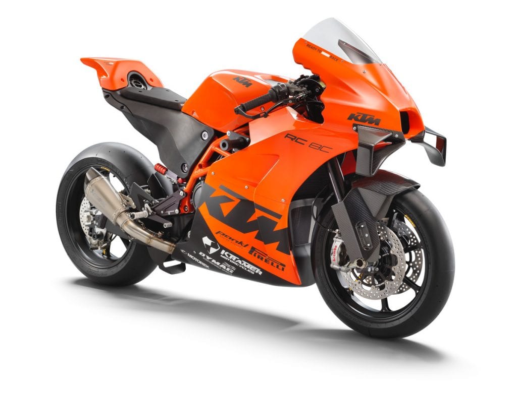 A front-right view of the all-new track-only 2022 KTM RC 8C