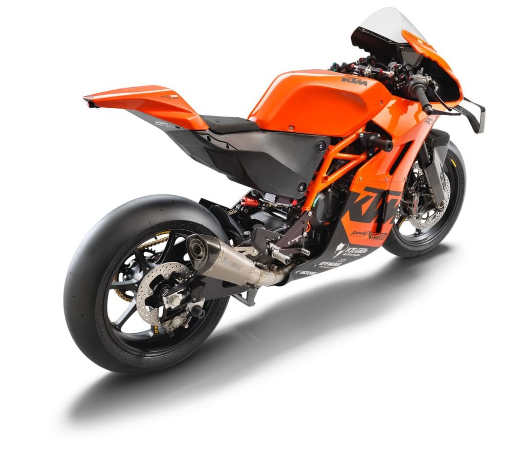 A back-right view of the all-new track-only 2022 KTM RC 8C