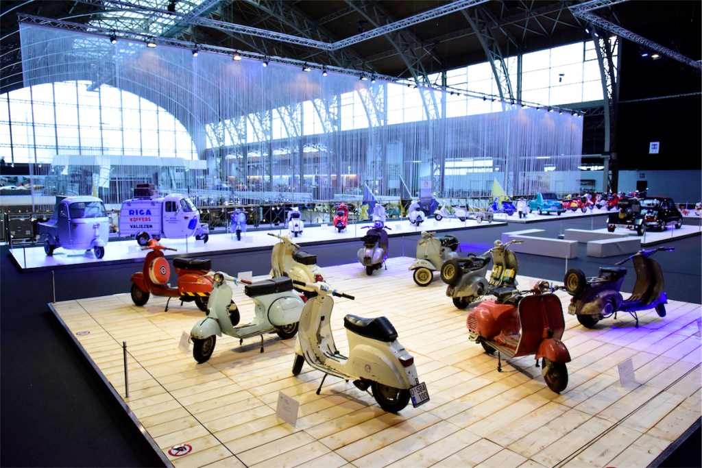 A view of the Vespa 75th anniversary collection at the exhibit of the Brussels Autoworld Museum