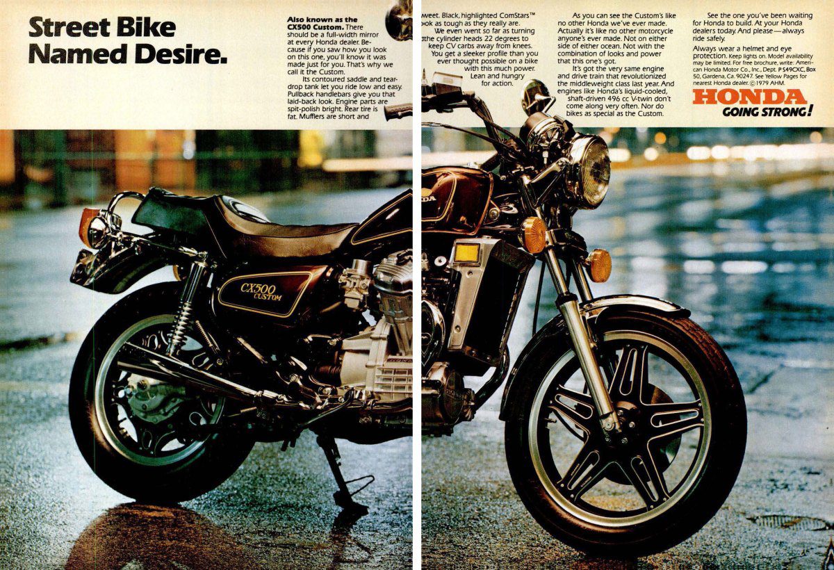 An American magazine ad from the early 80s showing the features of Honda's CX500 'Custom' motorcycle
