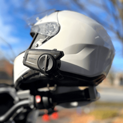 Sena 50C mounted on motorcycle helmet