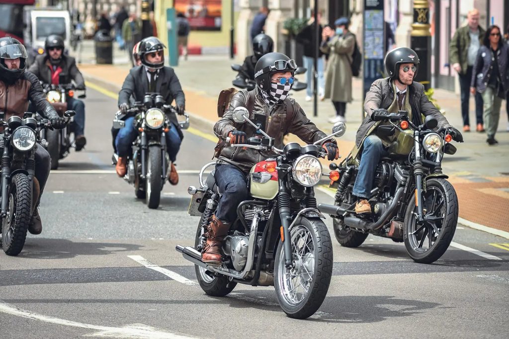 A view of riders on Triumph motorcycles riding for Triumph's Ride Out To Help Out Campaign