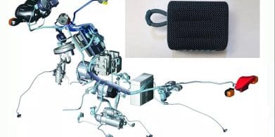A view of a motorcycle's CAN system, with a CAN bus injector masquerading as a Bluetooth speaker above it. Media sourced from Motorcycle.com and MCN.