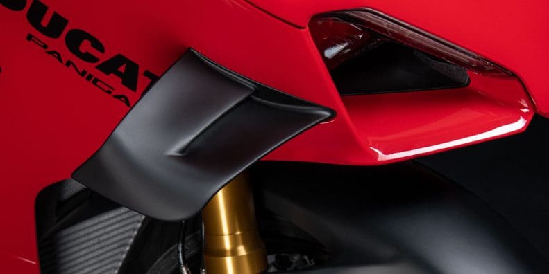 a detail shot of winglets on a Ducati Panigale Motorcycle