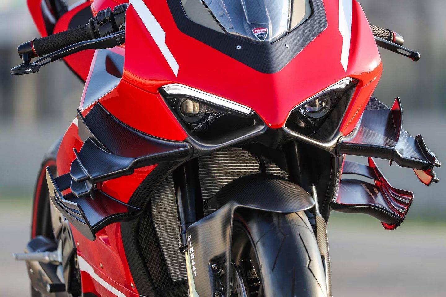a detail shot of winglets on a Ducati Motorcycle