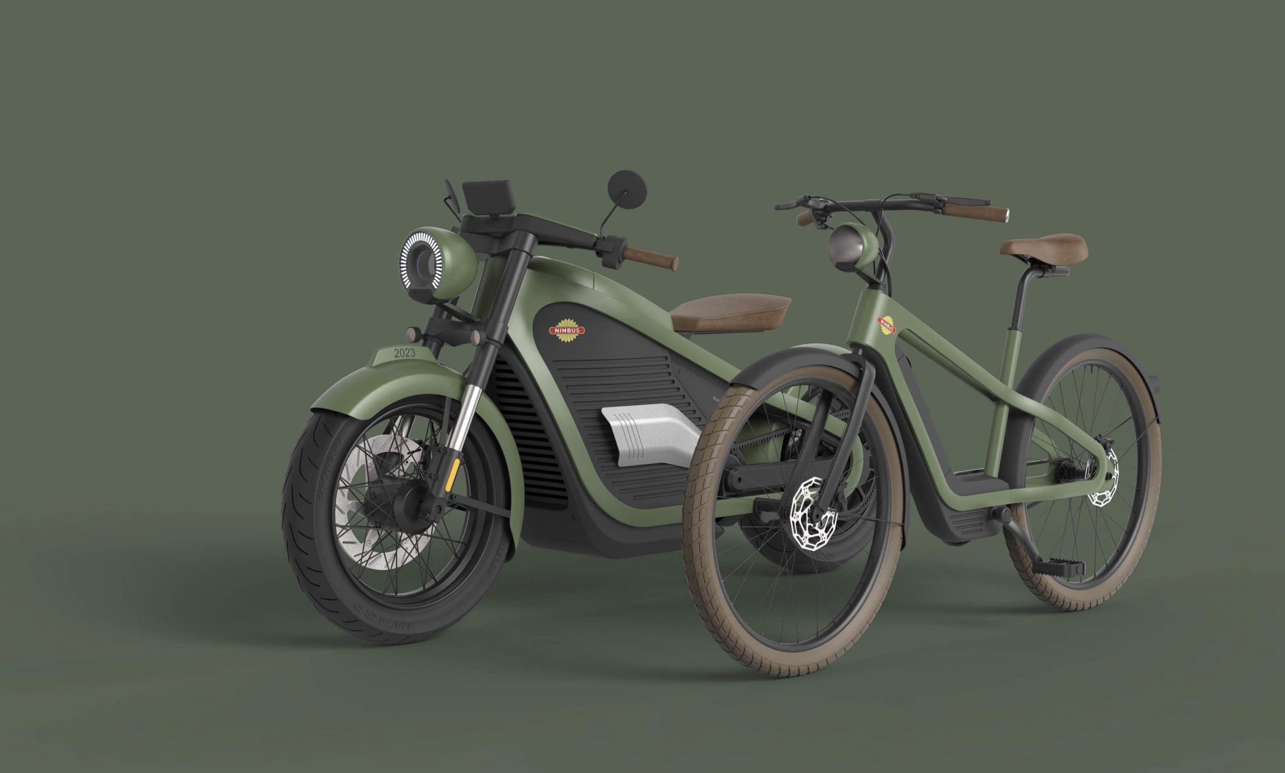 A view of Nimbus Motorcycles' "One" next to their incubating electric bicycle. Media sourced from Nimbus.