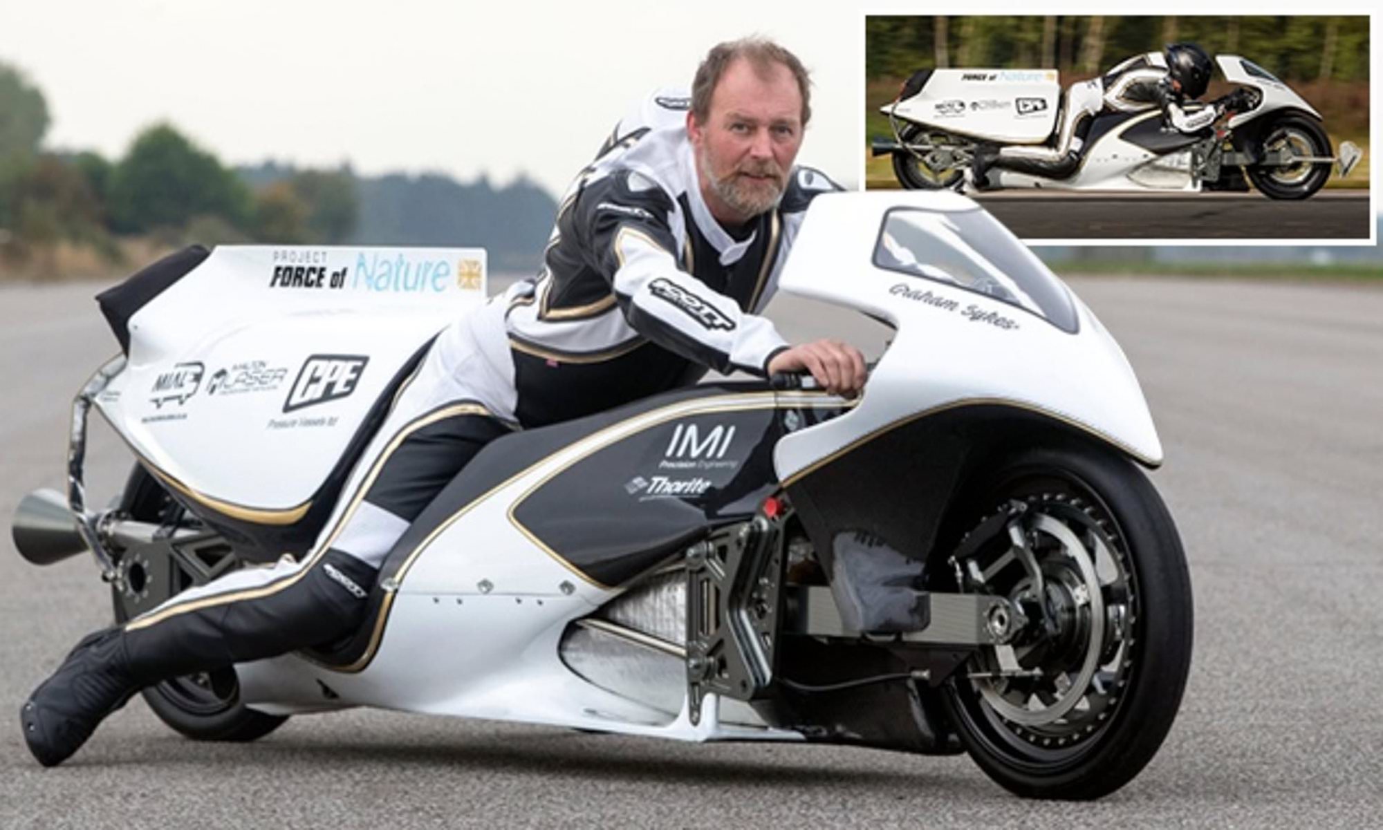 A view of Graham Sykes on his Force of Nature, currently the record holder for World's Fastest Steam-Propelled Motorcycle. Media sourced from This Is Money.