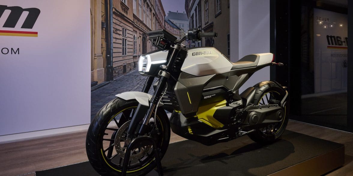 A view of Can-Am's new electric motorcycle: The Can-Am Pulse streetbike. Media sourced from Can-Am.