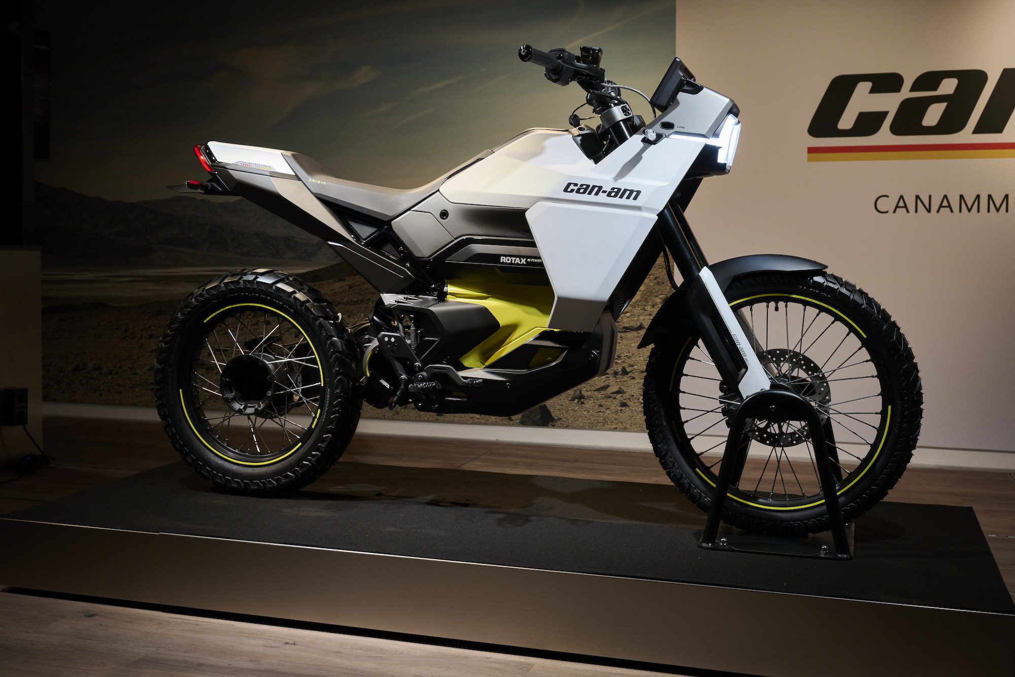 A view of Can-Am's new electric motorcycle: The Can-Am Origin dual-sport. Media sourced from Can-Am.