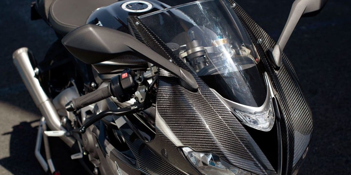 A view of the 2021 Triumph Daytona 765, some components of which may be borrowed for this budding 660. Media sourced from Motorcyclist.
