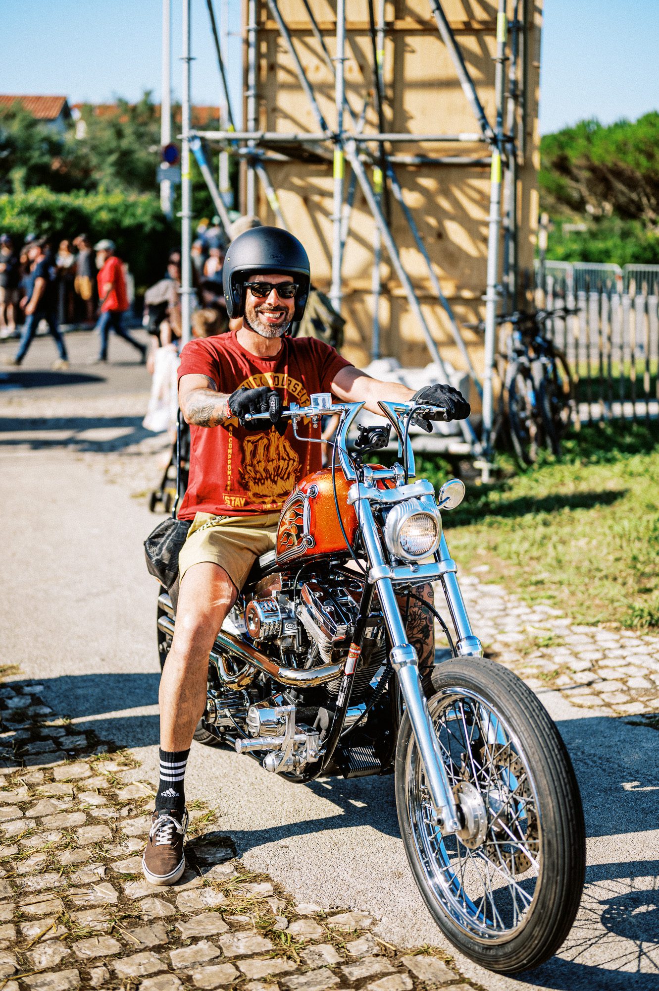 a harley chopper and rider at the 2023 Wheels & Waves Bike Show in Biarritz, France