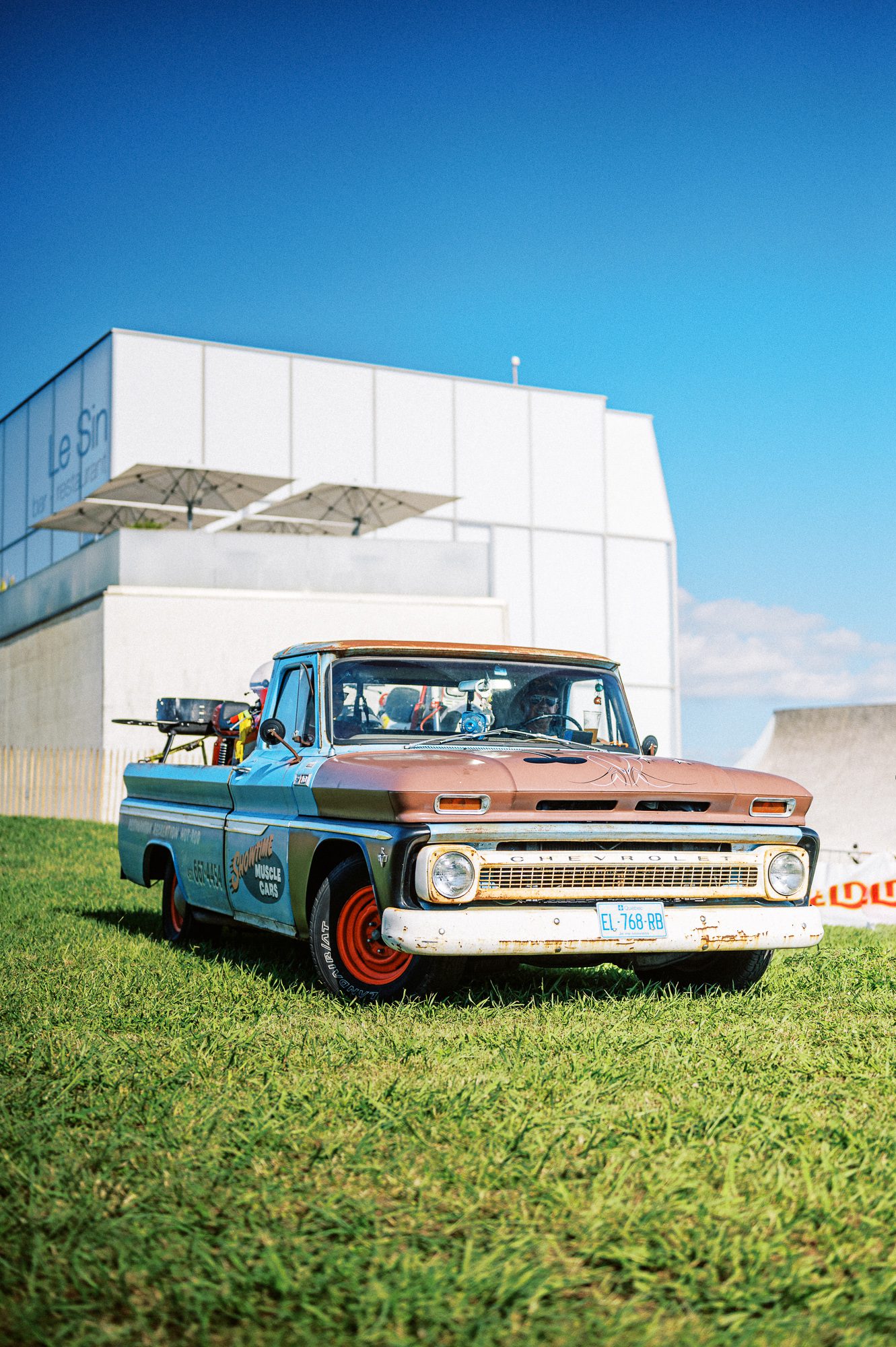 an old Chevrolet pick-up truck at the Waves Bike Show in Biarritz, France