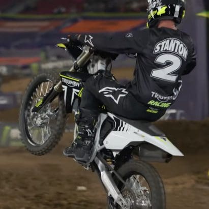 A view of Triumph's new MX 250, ridden out to the finale night of the 2023 SuperMotocross World Championship. Media sourced from Triumph's Youtube Video.