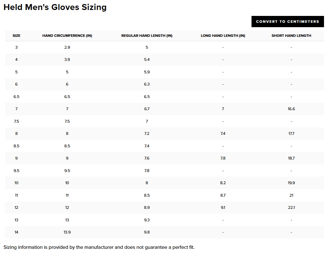 Held sizing chart for men's gloves